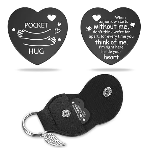 Lasimfa Pocket Hug When Tomorrow Starts Black Stainless Steel Double-Sided Heart Shaped Token with Leather Bag Long Distance Relationship Keepsake Gift for Family Friends Daughter Son