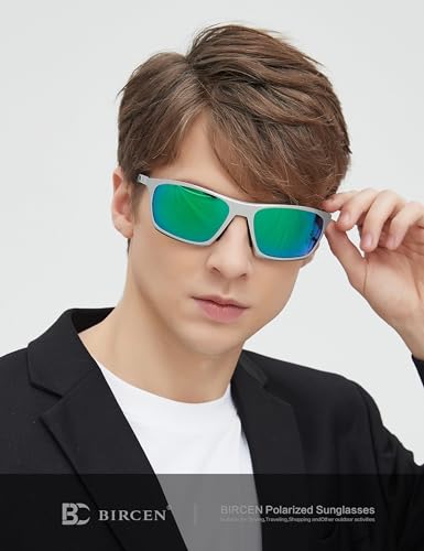 Image of BIRCEN Men Sunglasses Polarized UV-Protection: Carbon Fiber Wrap Around Black Sport Shades for Mens Driving Fishing Golf, Large, H-silver /Green