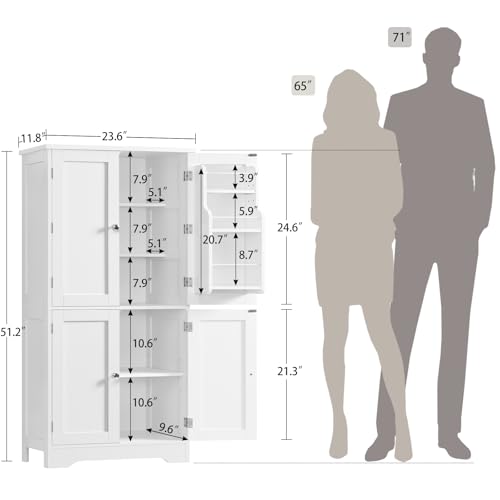 Image of TEENFON 51 inch H Pantry Cabinet with 4 Doors, Kitchen Cabinet with 6 Door Shelves, Storage Cabinet for Living Room, Dining Room, Bathroom, White