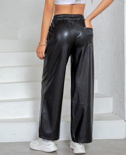 RAMISU Women's Faux Leather Pants High Waisted Straight Leg Trousers Elastic Drawstring Wide Leg PU Pants with Pockets4
