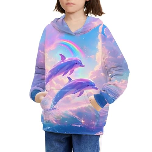 Zengppxfd Rainbow Dolphin Girls Sweatshirt Clothes Size 6-7 Cute Graphic Hoodies for Teens Back to School Kids Long Sleeve Comfy Pullover Tops 2025 Fall Fashion Outfits