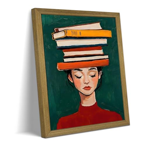 Framed Books Canvas Print Wall Art, Woman with Books on Head Wall Decor Painting, Minimalist Literary Poster, Library Decor Oil Painting for Reading Nook Study Office Girl Room 16x24 Inch