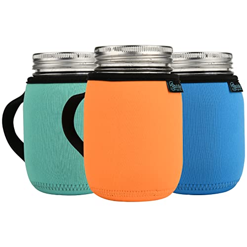 Beautyflier Manga de neopreno para tarros de boca regular, cubierta de neopreno para vasos de masón, funda aislante de boca ancha con asa (16 onzas, 3 colores)