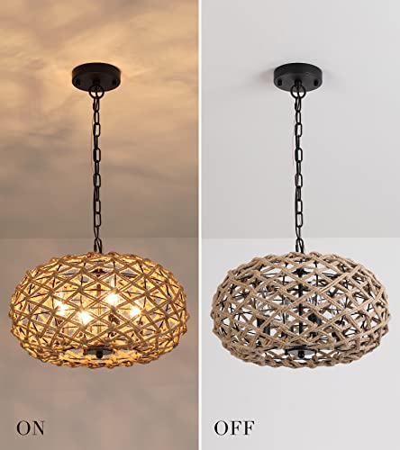 Amzasa Boho Chandelier,Rustic Rattan Basket Woven Hemp Rope Pendant Light Coastal Light Fixture 4 Lights Farmhouse Wicker Hanging Lighting For Dining Table Kitchen Island Bedroom Ul Listed #TOP7