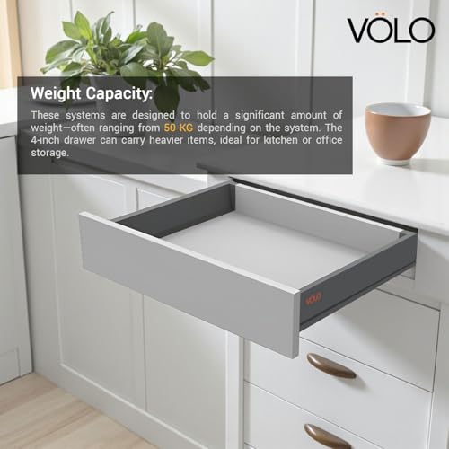 Image of VOLO Soft Close Tandem Drawer Slide System for Modular Kitchen - Double Gallery Metal Side Panels, Innotech Type, 50Kg Load Capacity | 1 Set | Grey, 4 Inch X 500MM /20 inch