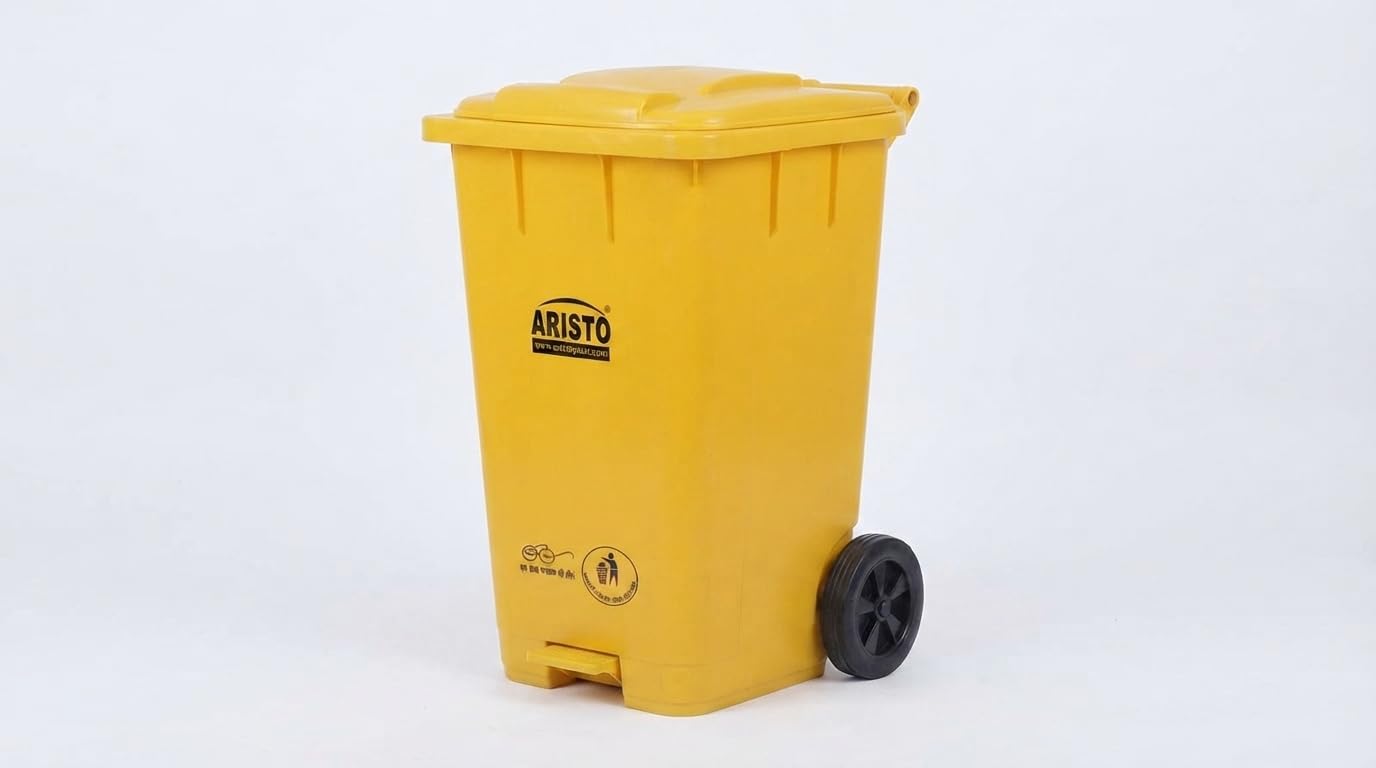 65 LTR Wheel Pedal Garbage Bin Yellow Plastic Waste Collection Dustbin with Wheels and Lid Foot Operated Trash Can for Hospital Office School Kitchen and Commercial Areas-image-21