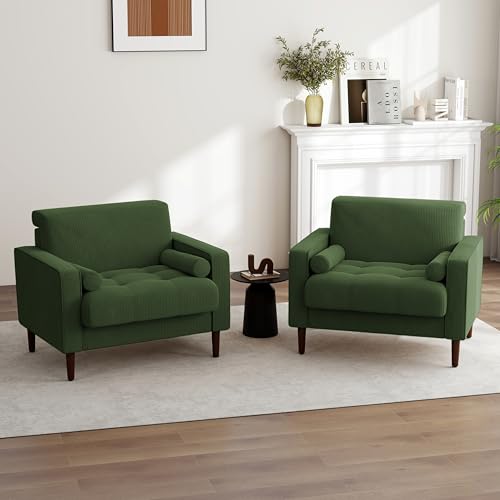 Image of Accent Chairs Set of 2, Corduroy Fabric Upholstered Armchair Mid-Century Modern Arm Chair for Living Room, Comfy Single Sofa Bedroom Side Reading Seat - Green