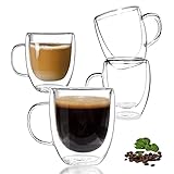 tazze da caffè in vetro a doppia parete, set di 4 tazze da caffè in vetro trasparente con manico, tazze da tè in vetro 350 ml, tazza da caffè isolata per latte, bevande calde/fredde, blacktea