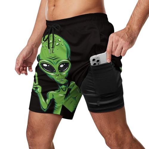 Mens Swim Trunks with Compression Liner, Space Alien Printed Beach Board Shorts2