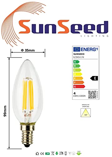 SUNSEED 4 X E14 4W (Equivalent to 40W) Sapphire Filament LED Candle Light Bulb C35 Warm White 2700K, Pack of 04 - Warm White 2700k - Image 4