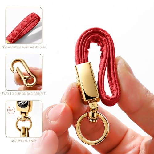Image of Gkeygo Carabiner Keychain, Universal Heavy Duty Woven Handmade Leather Key Chain, Car Fob Key Keychains with 360 Degree Rotatable Snap Swivel and Anti-Lost D-Ring for Men and Women,Light Gold - Red