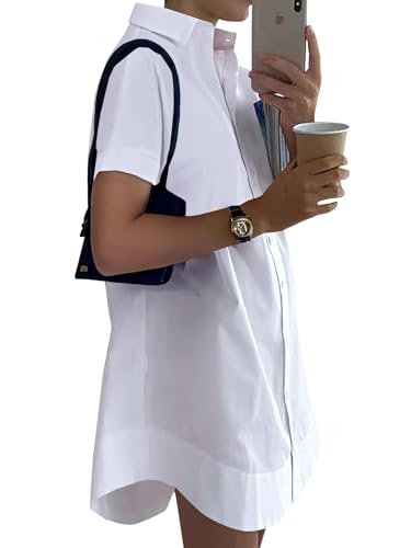 Rooscier Women's Casual Shirt Dress Collar V Neck Button Down Short Sleeve Loose Mini Dresses3