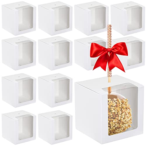 100 Pcs Candy Apple Boxes with Hole Caramel Apple Boxes 4 x 4 x 4 Inch Back to School Gift Box Cookies Chocolate Container with Clear Window for Harvest Autumn Party Wedding Baby Shower(White)