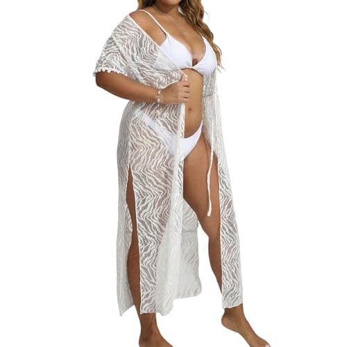 Traje de baño de encaje ideal para tomar el sol con este kimono de frente abierto para piscina