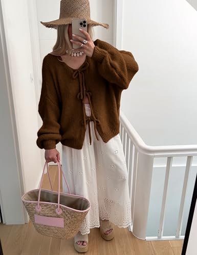 Image of SKIKYAN Women Bowtie Oversized Knit Sweater Cardigan Y2K Long Sleeve V Neck Open Front Casual Knitwears