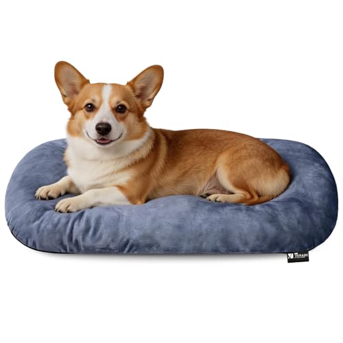 Image of Washable Oval Dog Bed for Medium Dogs, High-Resilience,Dusty Blue | Non-Slip Bottom Prevents Sliding, Soft Plush Short Fur, Machine Washable, Ideal for Crates /Apartments /Cozy Nooks,29 inchx18 inchx2.8 inch