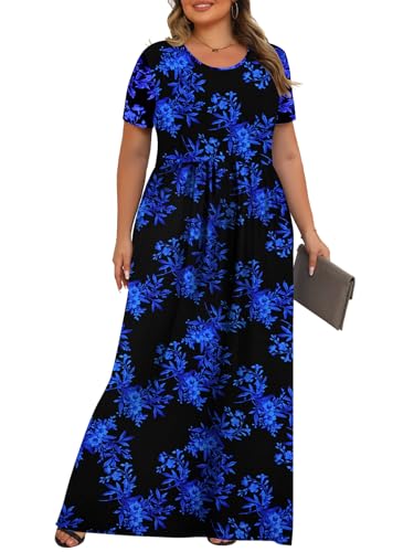 Tencede Womens Plus Size Maxi Dresses Summer 2025 Casual Short Sleeve with Pockets Long Dress 1X-5X3
