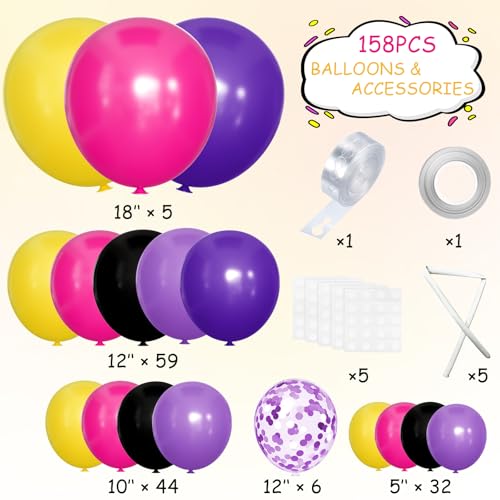 Image of MEBAY Hot Pink Purple Black Yellow Baloon Garland Arch Kit, 146Pcs Latex Balloons Different Sizes 18 12 10 5 inch for Birthday Wedding Graduation Engagement Party Decorations