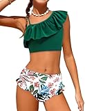 Arshiner Girls Two Piece Swimsuit Ruffles Flounce Printed Bikini Set Swimwear Girl Bathing Suits Swim Suits for Girls 10-12 Years Old Dark Green - Tropical