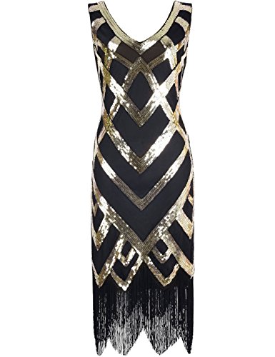 kayamiya Women's 1920S Sequined Beaded Embellishment Gatsby Prom Dress XXL Gold