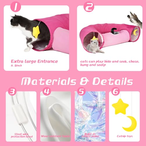Image of Cat Tunnel, Large Indoor Durable Collapsible Interactive Cat Tube with Peek-A-Boo Hole, Hanging Toys, and Crinkly Paper Lining - Cute Tunnel for Cats, Kittens, Puppies & Rabbits, Pink
