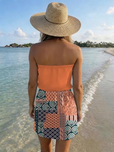 Image of SAUKOLE Summer Dress for Women Strapless Beach Cover Ups Boho Sundress Mini Dress Drawstring Waist with Pockets