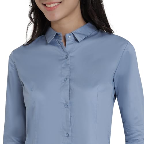 Image of Women's Cotton Solid Long Sleeve Shirt - Formal & Casual Button-Down Long Sleeve Collared Top for Office, Workwear 100% Soft Breathable Cotton Fabric