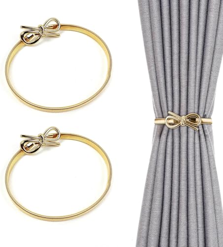 Curtain Hold Backs for Curtains Shiny Metal Curtain Tiebacks Engraving Design Curtain Buckle Set of 2 Window Curtain Holdbacks Elegant Gold Holders for Home and Office Window Decoration (Gold, Bow)