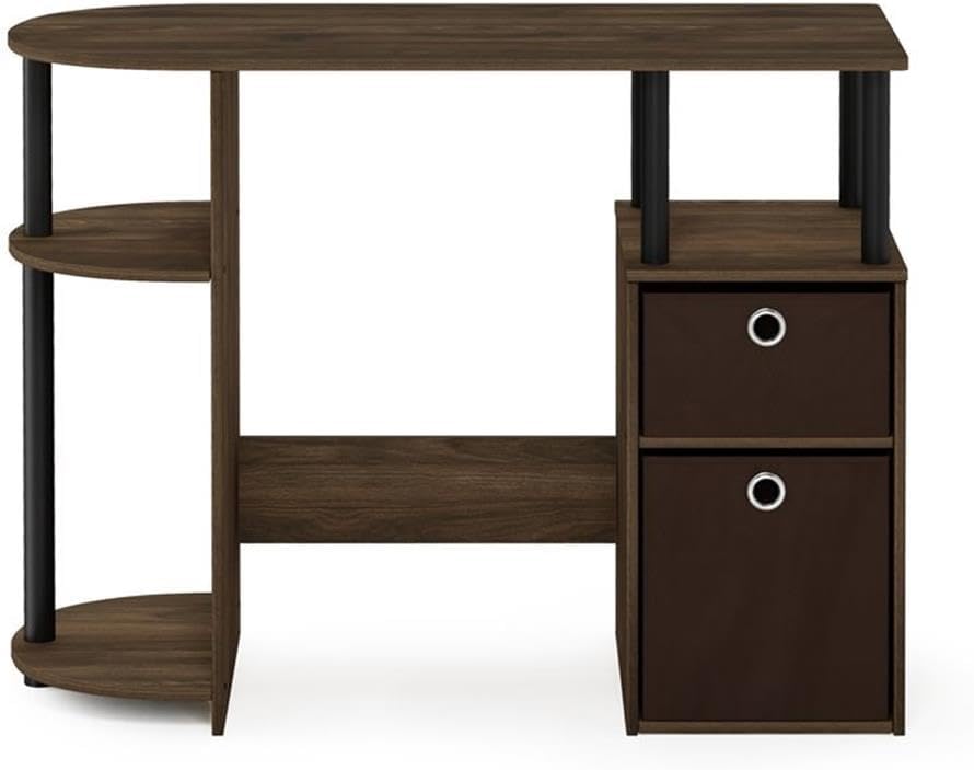 Pemberly Row Engineered Wood Computer Desk, Columbia Walnut Finish, 38 in Wide Desk with Storage Shelves and Non-Woven Bin Drawers, Space-Saving Study Desk for Home Office or Dorms