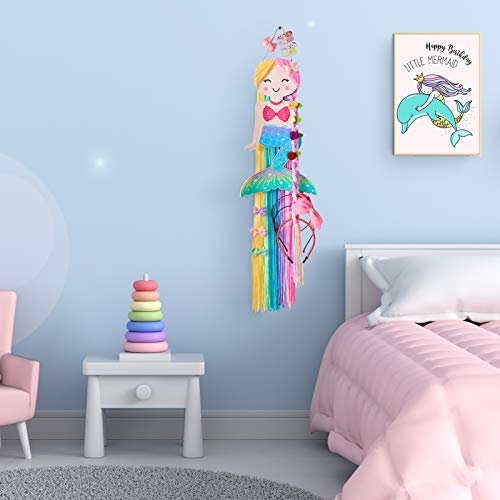 Beinou Hair Bow Holder Organizer for Girls Mermaid Headband Holder Rainbow Yarn Tassels Hair Clip Organizer Storage Mermaid Party Decor Home Decor