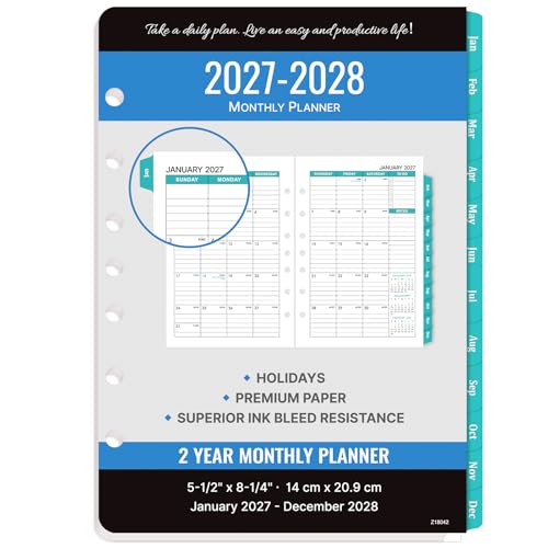 Recambio de agenda mensual de 7 agujeros perforados 2027-2028 para recargar planificadores
