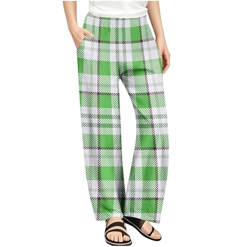Girls Plaid Summer Pants Casual Elastic Waist Lightweight Wide Leg Workout Yoga Trousers with Pockets for Kids 4-14 Years