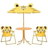 vidaXL Mesa y Sillas de Jardín Infantil 3 Piezas con Sombrilla Cocina Comedor Salón Exterior Muebles Mobiliario Hogar Terraza Amarillo