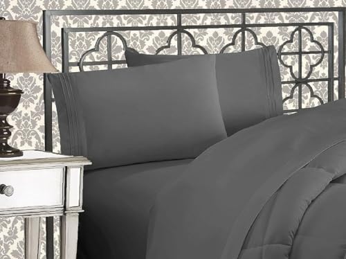 Elegant Comfort Luxurious 1500 Premium Hotel Quality Microfiber Three Line Embroidered Softest 5-Piece Bed Sheet Set, Wrinkle and Fade Resistant, Split King, Gray