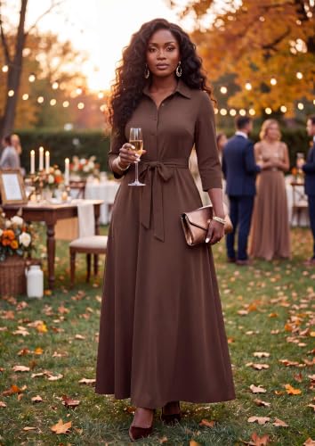Image of Runwind Women Church Maxi Dresses 3 /4 Sleeve Button Down Print Casual Office Dress African