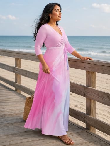 Image of Plus Size Dresses for Women Print Maxi Dresses 3 /4 Sleeve with Belt