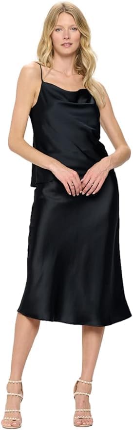 Women Solid High Waist Silky Casual Elastic Satin Midi Skirt -Made in USA (Available in Plus Size) - Image 4