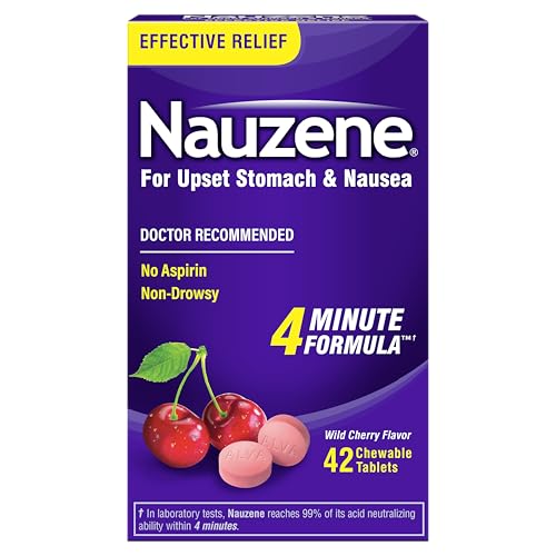 Nauzene Non-drowsy Upset Stomach & Nausea Relief Chewable Tablets - Fast-Acting Relief in 4 Minutes - Doctor Recommended - Wild Cherry Flavor 42 ct
