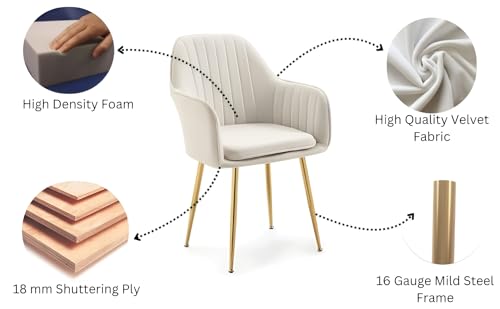 Image of Velvet Accent Chair with Matching Pouffe & Floral Cushion | Modern Upholstered Armchair with Gold Metal Legs | Lounge Chair for Living Room, Bedroom, Office, Guest Room (White)