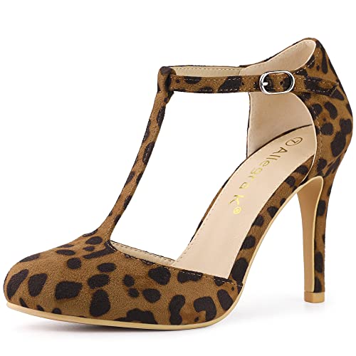 Allegra K Women's Rounded Toe Stiletto Heel T-Strap Dress Leopard Pumps 9 M US