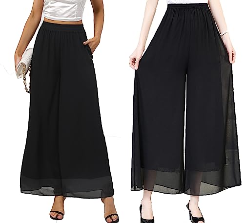 heipeiwa Women's Chiffon Dress Beach Wide Leg Palazzo Pants Elastic Waist Trouser3
