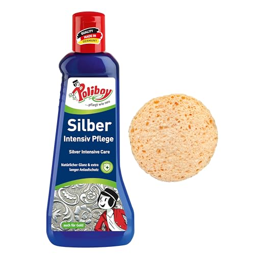 POLIBOY Silber Intensiv Pflege - Sanftes Poliermittel für Silberschmuck - 1x 200 ml - Mit Schwamm - Made in Germany