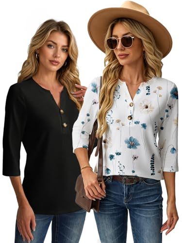 GKBK Womens Tops 3/4 Length Sleeve V Neck Button Down Loose Fit Shirts Business Casual Basic Tees Winter Fashion 2026 Dressy Casual Going Out Blouses Trendy Outfits Black/Flower L - image 2
