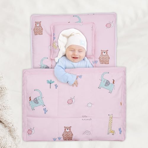 Image of R for Rabbit Snuggy Cozy Baby Bedding Set, 100% Cotton Portable Mattress Set for Newborn, Travel-Friendly Soft Toddler Bed 60x85 cm, Bed, Pillow & Blanket Set of 3 Pieces for 0-12 Months (Blush Pink)
