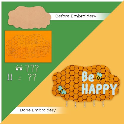 Image of picknMAKE DIY Embroidery Keychain Holder Kit - Stitch, Assemble, and Craft a Cloud-Shaped Be Happy Key Organizer with Hooks & All Material Included, Create a Personalized Wall-Mounted