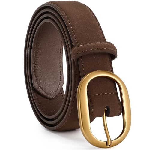 VONMELLI Womens Suede Belt for Jeans Dresses Dark Brown Ladies Leather Waist Belts with Vintage Gold Buckle S