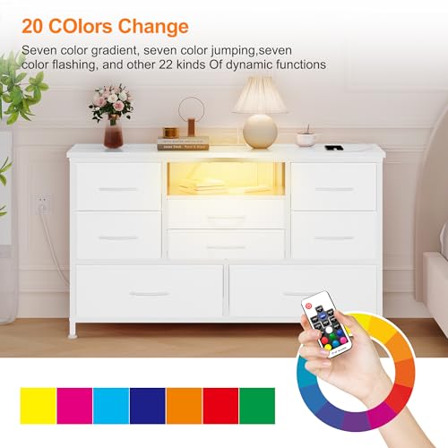 Jojoka 8 Dresser TV Stand with Power Outlet & LED for 55'' TV, Long Dresser for Bedroom with 8 Deep Drawers, Wide Console Table for Storage in Closet, Living Room, Entryway, Wood Top (White)