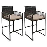 Usinso Outdoor Bar Stools Set of 2, Rattan Bar Height Chairs with Armrests, Footrests, Cushion Beige, All-Weather Wicker Woven Stools for Garden, Backyard, Poolside, Deck(Brown) (Dark Brown)