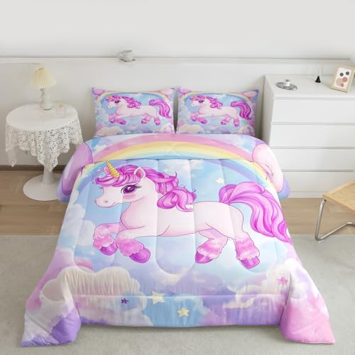 Homemissing Juego de edredón de unicornio arcoíris con 2 fundas de almohada, lindo juego de cama de microfibra para niños, ropa de cama doble con estampado de caballo de ensueño, decoración de