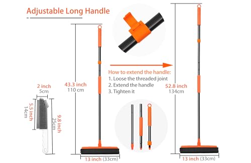JEHONN Gummibesen mit Stiel 134 cm, SilikonBesen Innen mit Abzieher zum Entfernen von Tiere Katzen Hunde Haare von Teppichen, Fenstern, Fliesen und Hartholzböden (Orange)